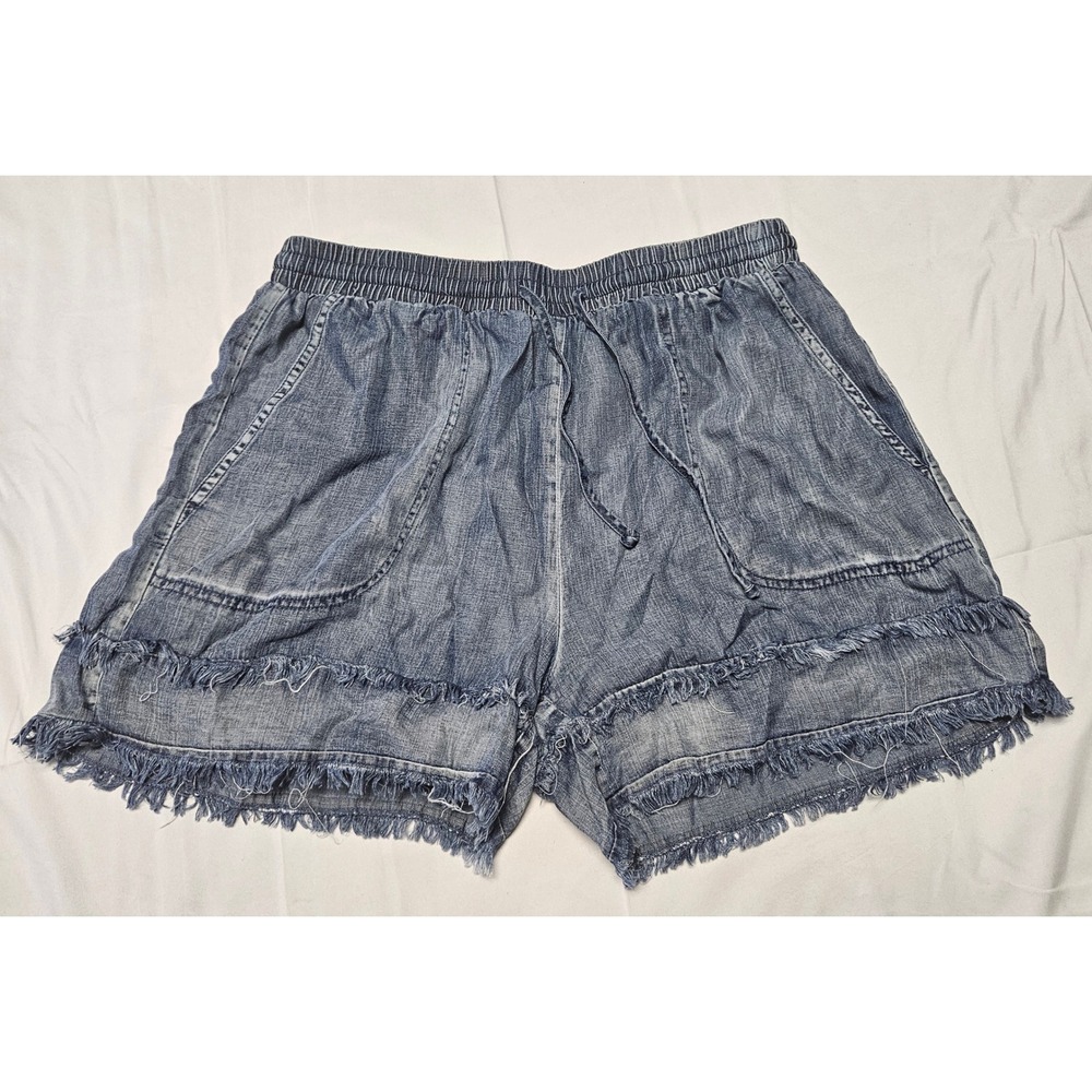 Easel Denim Shorts Womens Large Blue Tencel Raw Fringe Hem EB40928 Boho Casual